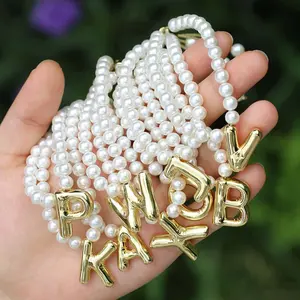 18k Gold Plated Bubble Alphabet 6mm Shell Pearl Bracelet Adjustable Clasp Fashion Jewelry for Girls Trendy Birthday Gift tarnish proof