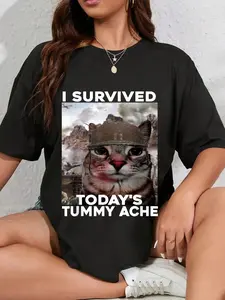 100% Cotton Unisex I Survived Today's Tummy Ache cat T-Shirt