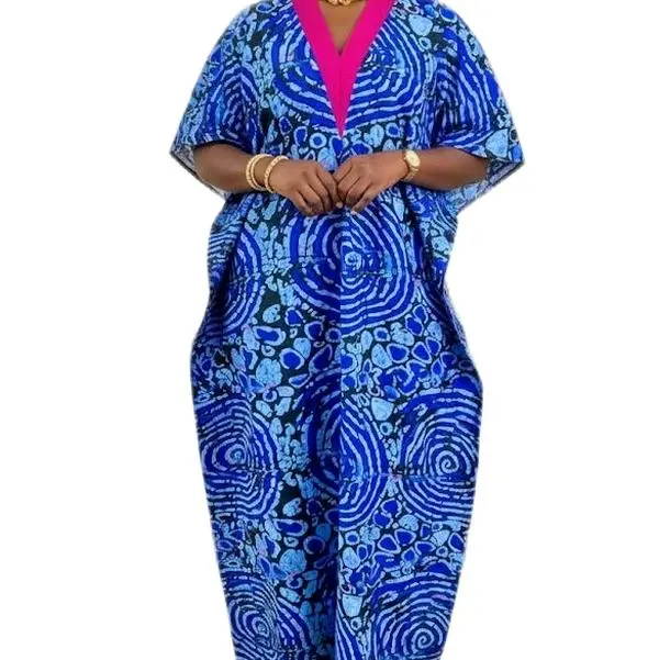 Arewa Boubou - Blue & Pink Ankara Print Kaftan Dress with V-Neck and Half Sleeves for Women