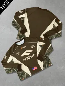 Unisex Streetwear Casual Aesthetic Racing Culture Long Sleeve Fitted T-Shirt, Achieve Letter & Flag Print, Graphic Camo Tree Pattern, Camouflage, Fall Winter Fashion