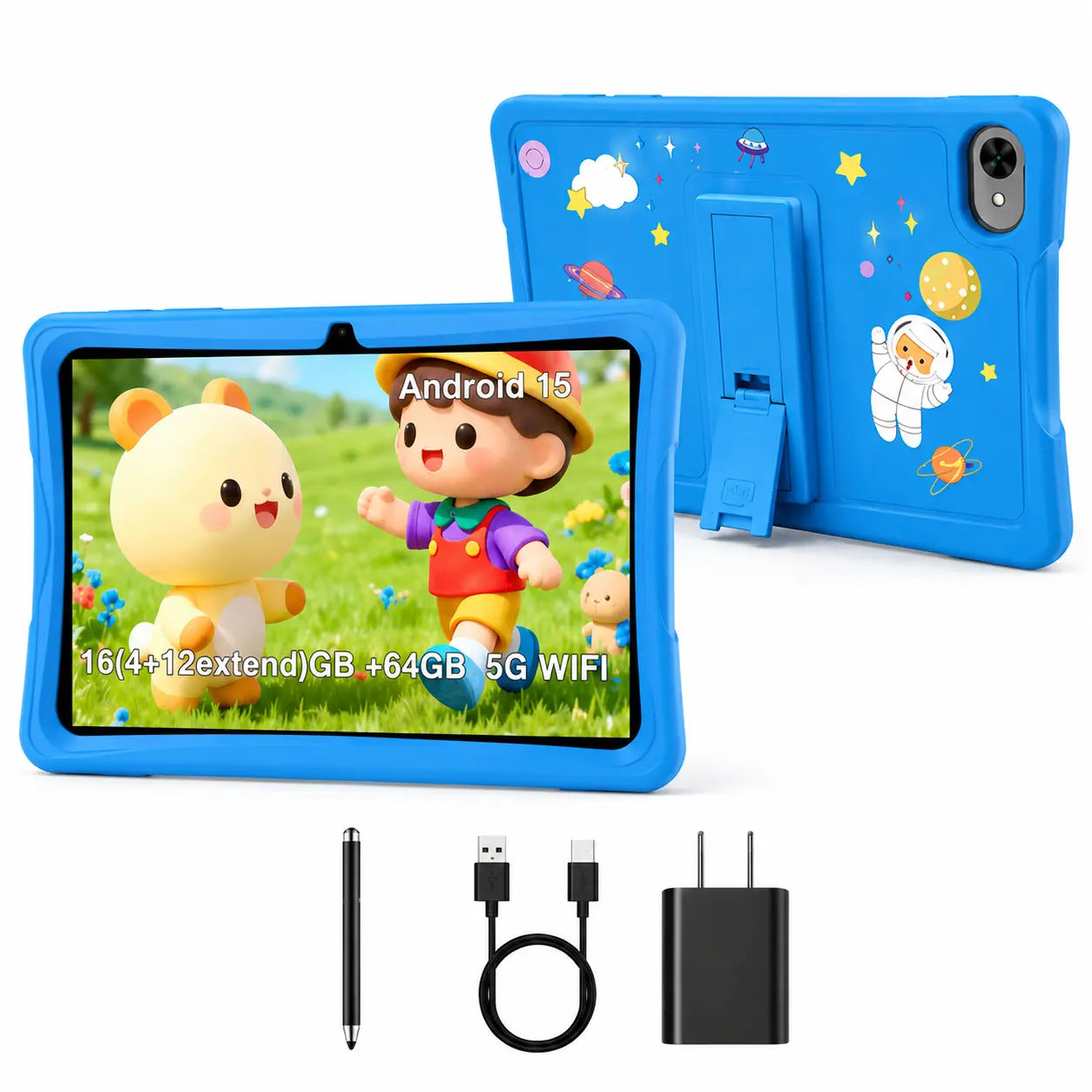 Redbeat B2 Kids Educational Tablet, 10.1 Inch Android 15 Tablet, 4GB RAM + 64GB Storage, Up to 12GB Memory Expansion, WiFi, Parental Controls, Eye Protection, Protective Case, Stylus Pen