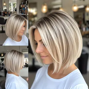 Women's short wig，Elegant gradient platinum blonde short wig for women, synthetic fiber with high-temperature resistant hair net, suitable for various occasions. Straight Bob Wig Snug Fit Wig