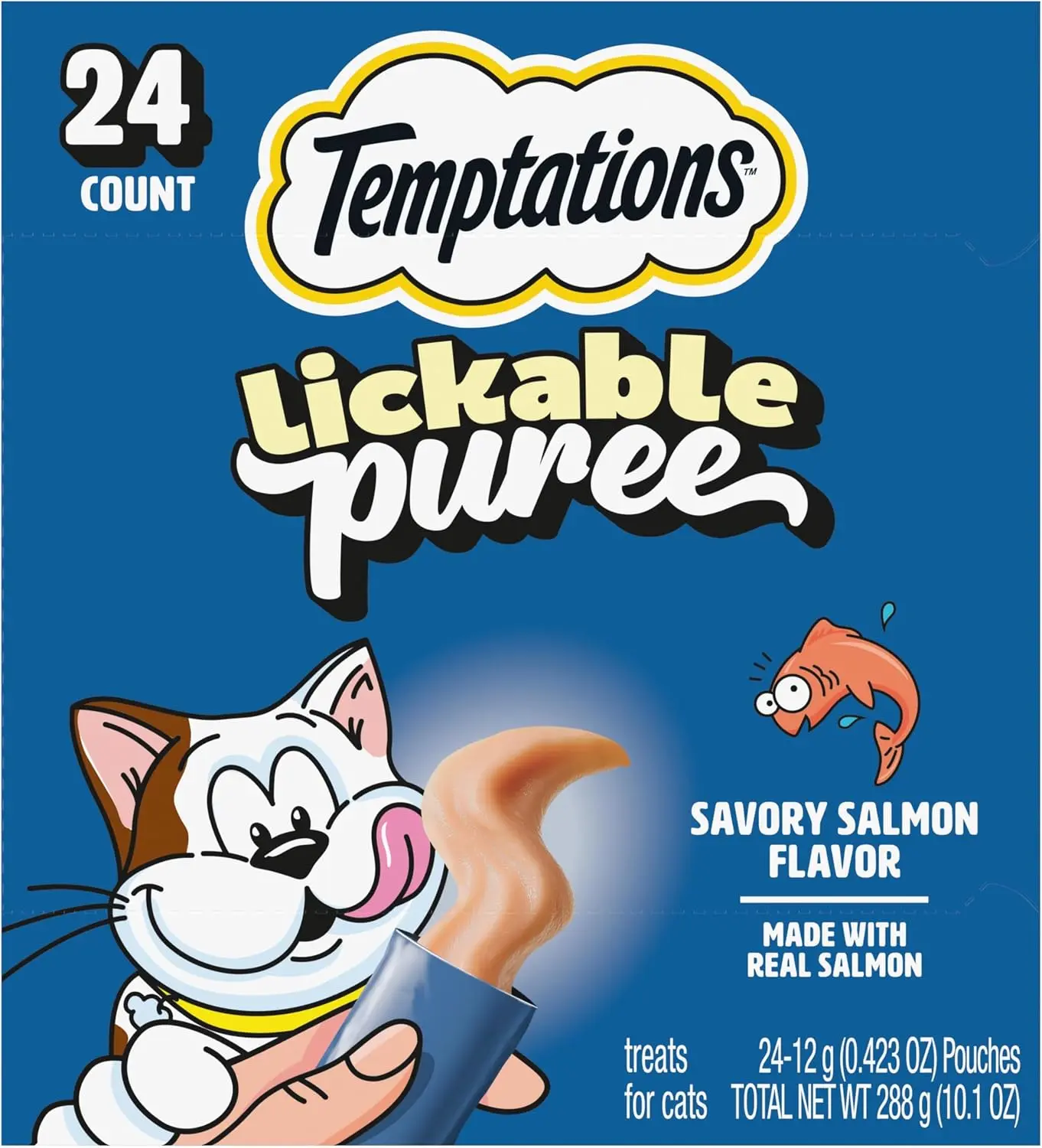 Temptations Creamy Puree Lickable Cat Treats, Salmon, 24 Count Under 15 calories per tube, great for senior cats, no chewing required, no added sugar, wet squeezable treat, 0.42 oz. Tubes