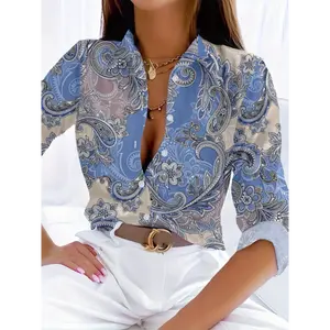 Elegant Paisley Print Long Sleeve Blouse-Casual Bohemian Style,Button-Up with Slit Cuffs, Breathable Polyester,Perfect for All Seasons Top Fit Fabric