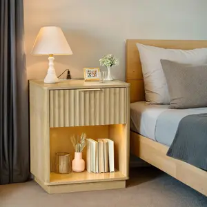 【Father's Day Gift】  【 】Karlhome Gray & Oak P2 MDF Nightstand, 1 Drawer with Lower Shelf, RGB 16 Colors LED, US Outlet with 2 USB Ports outdoorfun