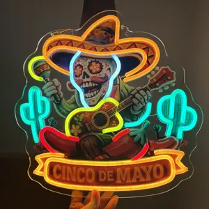 Cinco de Mayo LED Neon Sign, Mexican Fiesta Wall Decor, Sombrero Guitar Party Light for Bar Home Room Decoration