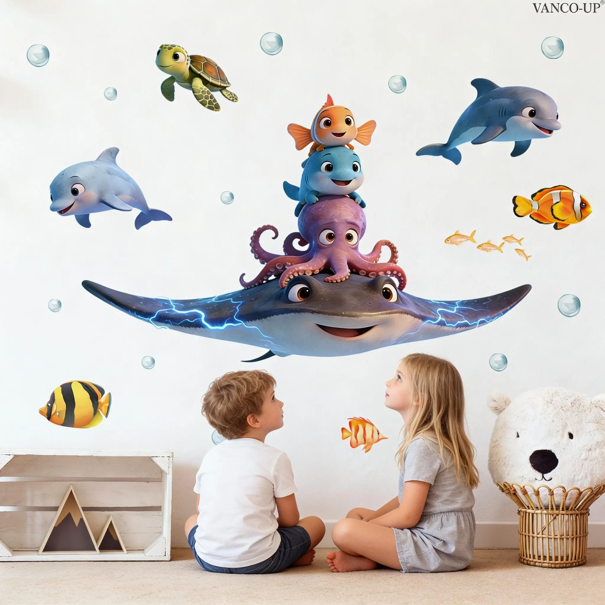 1 Pc (30×90cm) Cartoon Underwater World Wall Sticker for Kids Room, Manta Ray Dolphin Clownfish Decor, Self-Adhesive Wall Sticker for Kindergarten Bathroom