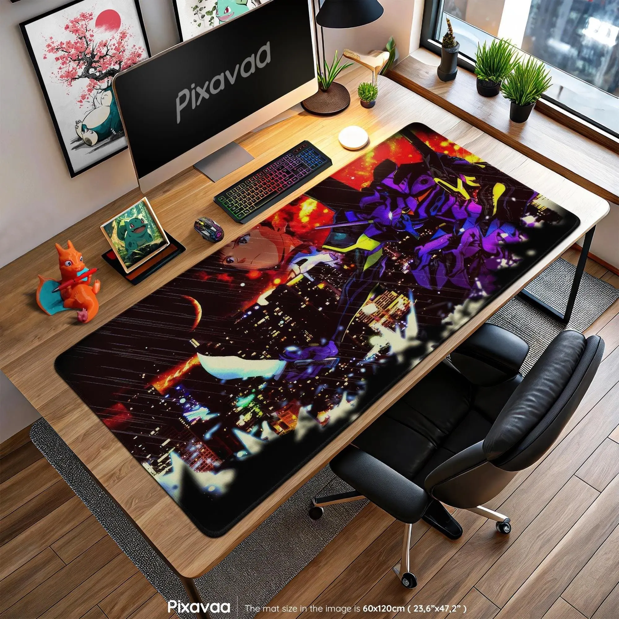 Eva Unit-01 & Shinji Mouse Pad - Fiery Tokyo-3 Neon Genesis Scene, Evangelion Gaming Desk Mat, Anime Mecha Gift