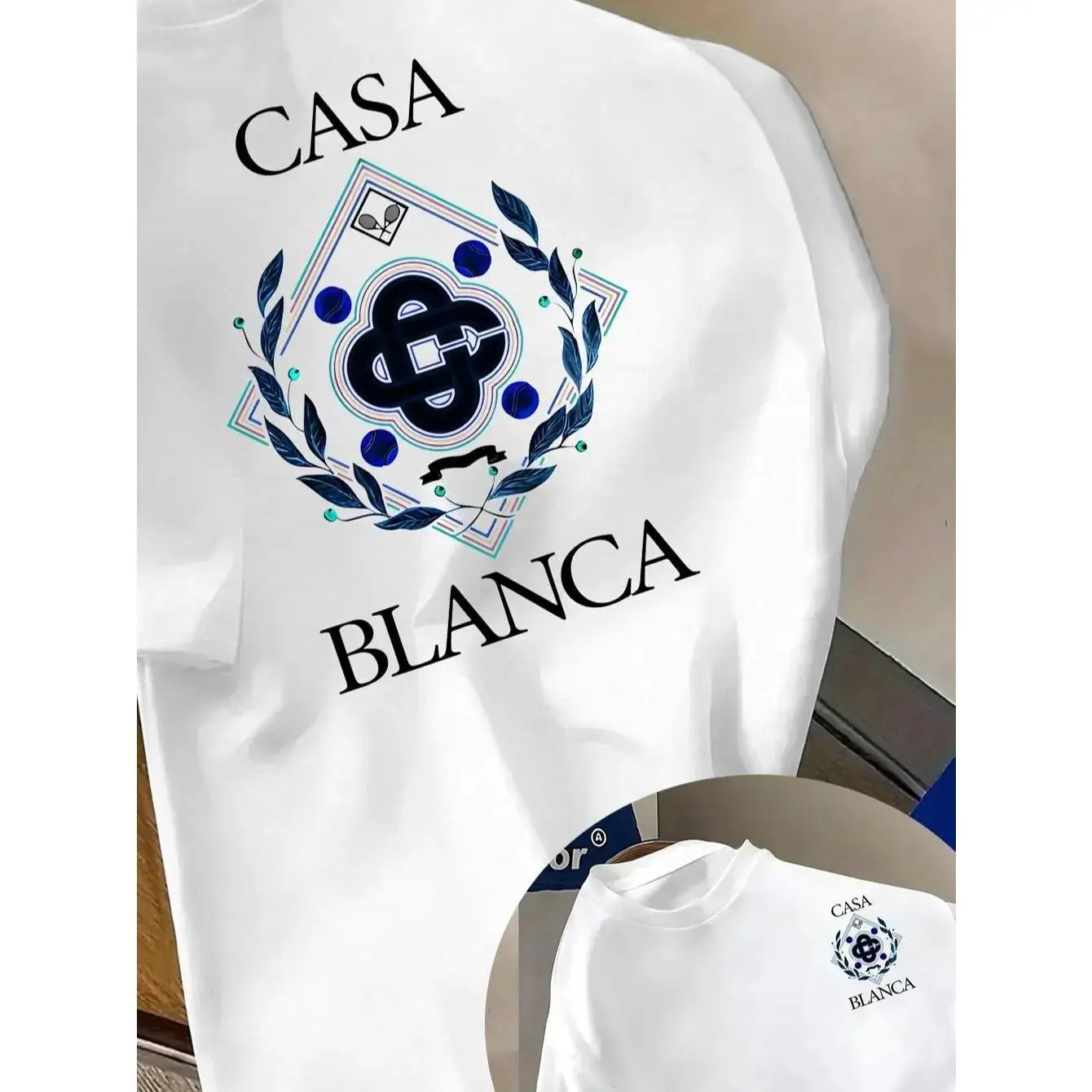 Men's short sleeved shirt casablanca with pattern-artistic print, breathable summer casual shirt, regular style, round neck, lightweight and fashionable, suitable for daily wear, daily shirt