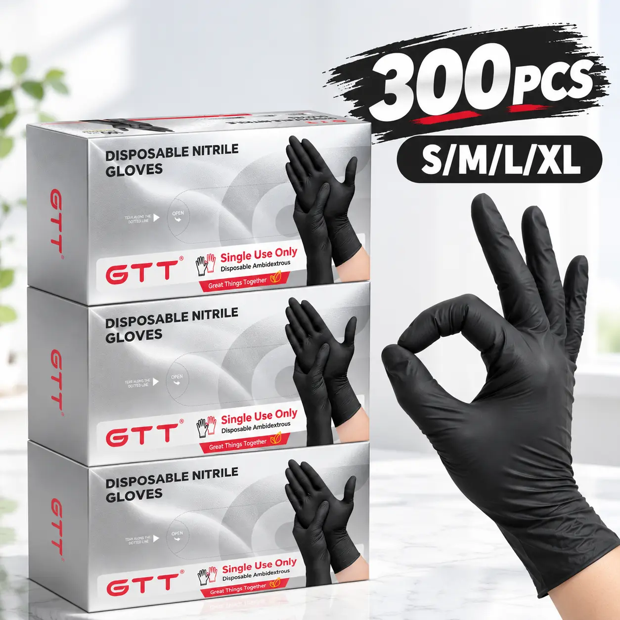 GTT Disposable Nitrile Gloves, 300 Pcs Black 5.5 mil Thick, Powder-Free Latex-Free Sensitive Skin Touchscreen Work Gloves for Salon, Household Cleaning