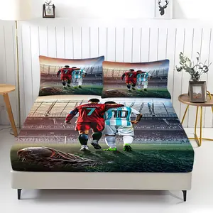 3Pcs Soccer Legends Fitted Sheet Set, Featuring Sport Star on Grassy Stadium Field Bedding Set, Perfect for Sports Fans Bedroom, Soft and Comfortable Fabric, Ideal for Kids' Rooms and Soccer Enthusiasts!