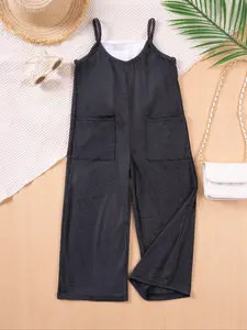 Toddler Girl's Solid Tie Side Wide Leg Jumpsuit, Casual Soft Comfy Sleeveless Jumpsuit for Summer, Kids Clothes for Daily Wear