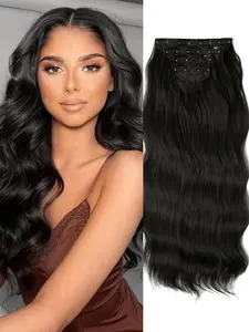 Clip-on hair extensions, long wavy curls, 4 pieces per pack, thickened hair extensions, synthetic highlighted extensions, chestnut gradient, double-layered fiber construction, natural color, 22 inches, Wavy Synthetic Hairpiece, Wavy Hairpieces