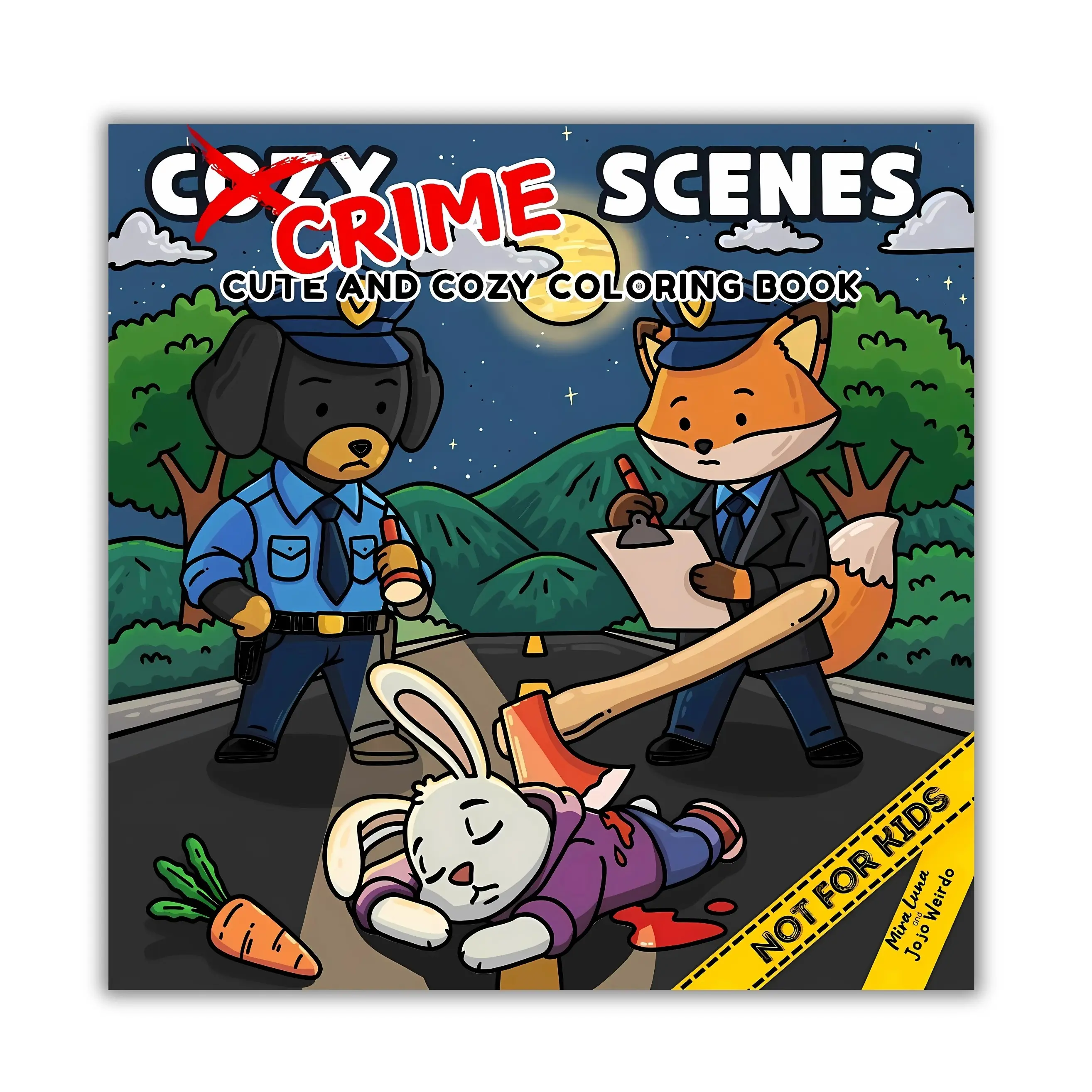 Cozy Crime Scenes Parodic Unisex Adult Coloring Book - Halloween Theme, Adorable Animal Characters, 8.5x8.5 Inches Large Easy-To-Color Art, Wholesome Meets Unhinged, Dark Humor, Hygge Vibes, Single-Sided Pages, Stress Relief, Quirky Gift for Adults