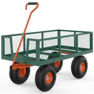 900 Lbs Heavy Duty Garden Cart on Wheels, 2-in-1 Steel Garden Wagon with Removable Mesh Sides, Flatbed Utility Wagon Cart, 10 Inch All Terrain Rubber Tires, 180° Rotating Handle for Yard Farm Lawn Gravel Soil
