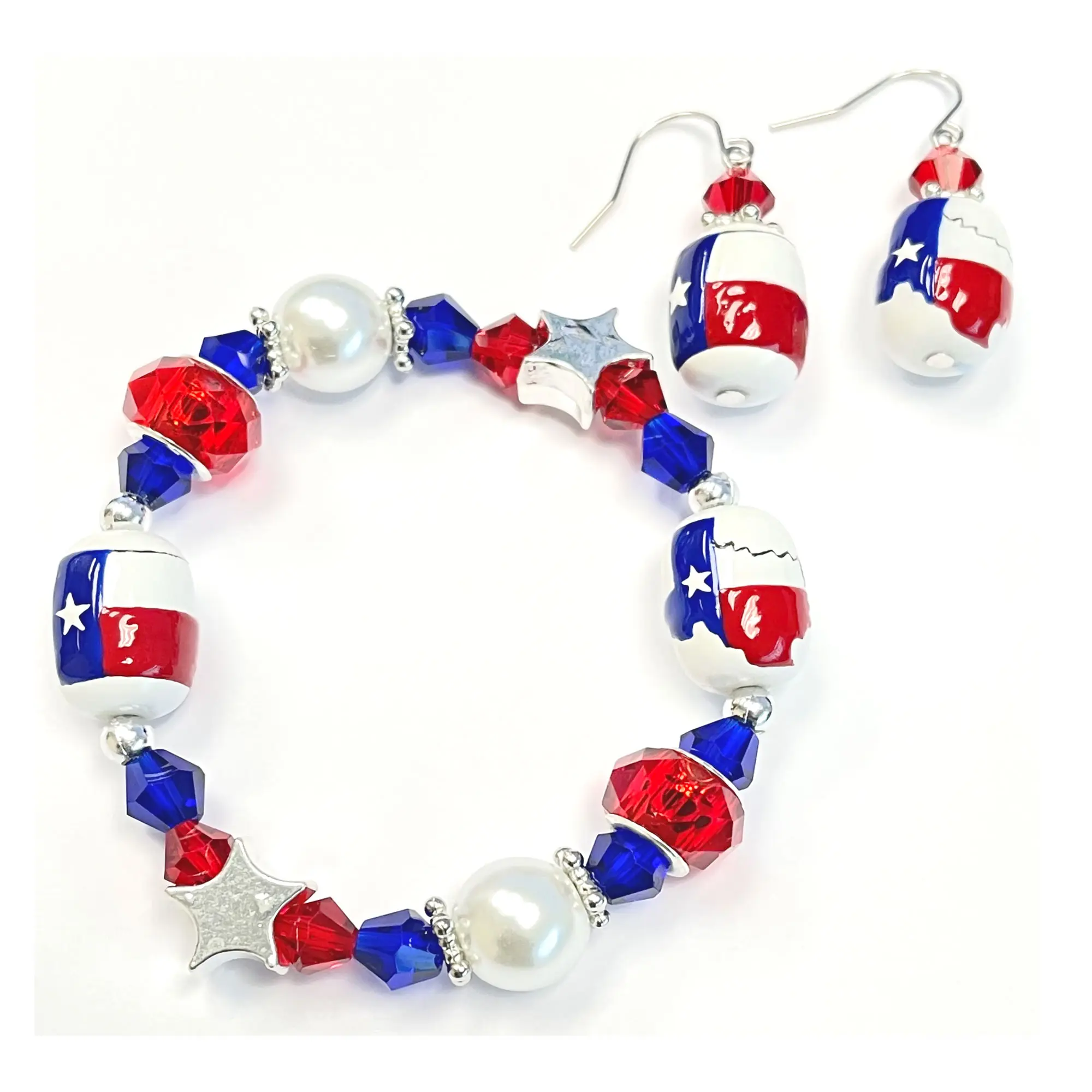Texas Bracelet Earrings Set for Women, Hand Painted Handmade Red White Blue Glass Beaded Jewelry Set, Birthday Christmas Gift for Her, 1 Set