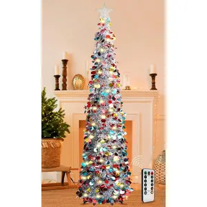 5FT Pop Up Christmas Tinsel Tree with 8 Rmote Lights Modes - Collapsible Colorful Sequin Artificial Christmas Pencil Trees Decorations for Home Apartment Party Fireplace Indoor Outdoor