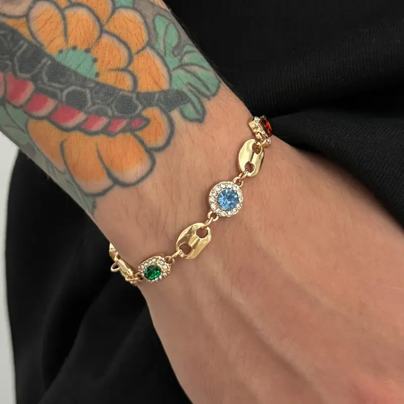 Men's Colorful Gemstone Bracelet, Rhinestone Jewelry for Daily Wear, Party & Holiday Accessories, Stylish Men's Fashion Accessory