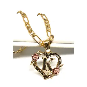 Gold Plated CUSTOMIZED Heart Flower Initial Letter Pendant With Figaro Chain 24" 4mm
