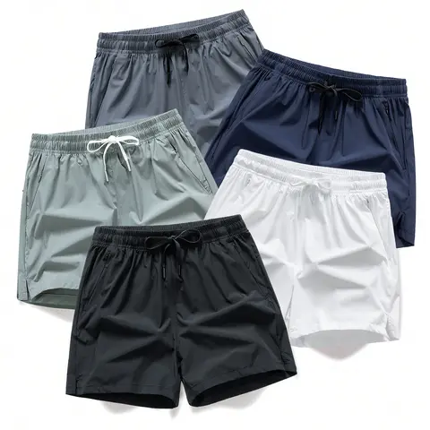 URMCZ Men's 5-Pack Active Elastic Gym Shorts Packs - Quick Dry, Breathable Nylon Elastane Athletic Bottoms, Sporty Chic Design, Regular Fit, Reflective Strips, Zip Pocket, for Hot Weather Gym, Running, Daily Wear