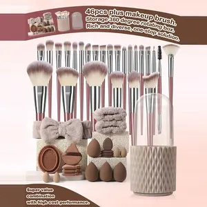 46PCS Makeup Tools Set with 25 Brushes 4 Sponges 4 Mini Sponges 4 Triangle Puffs 4 Air Cushion Puffs 1 Cleaning Tool 1 Storage Bucket 1 Hairband 2 Hand Bowl Straps for Beginners & Professionals, Kit, Powder