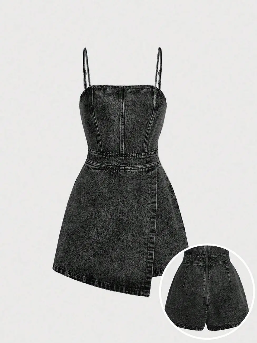 Women's Denim Romper Dress, Sleeveless Spaghetti Strap Fitted Mini Jumpsuit, Casual Summer Skort Style, Breathable Cotton Blend, Black Wash
