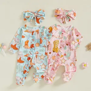 Newborn Baby Girl Western Clothes Cowgirl Boots Footie Romper Ruffle Long Sleeve Zipper Jumpsuit Coming Home Outfit