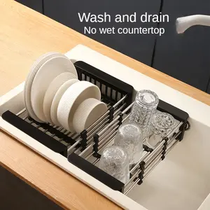 Stainless steel telescopic kitchen storage rack, easy to clean drain rack, suitable for kitchen plates, bowls, tableware, space saving, rust proof ﻿