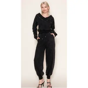 Wide V-Neck Long Sleeve Jumpsuit - Washed Black - Full