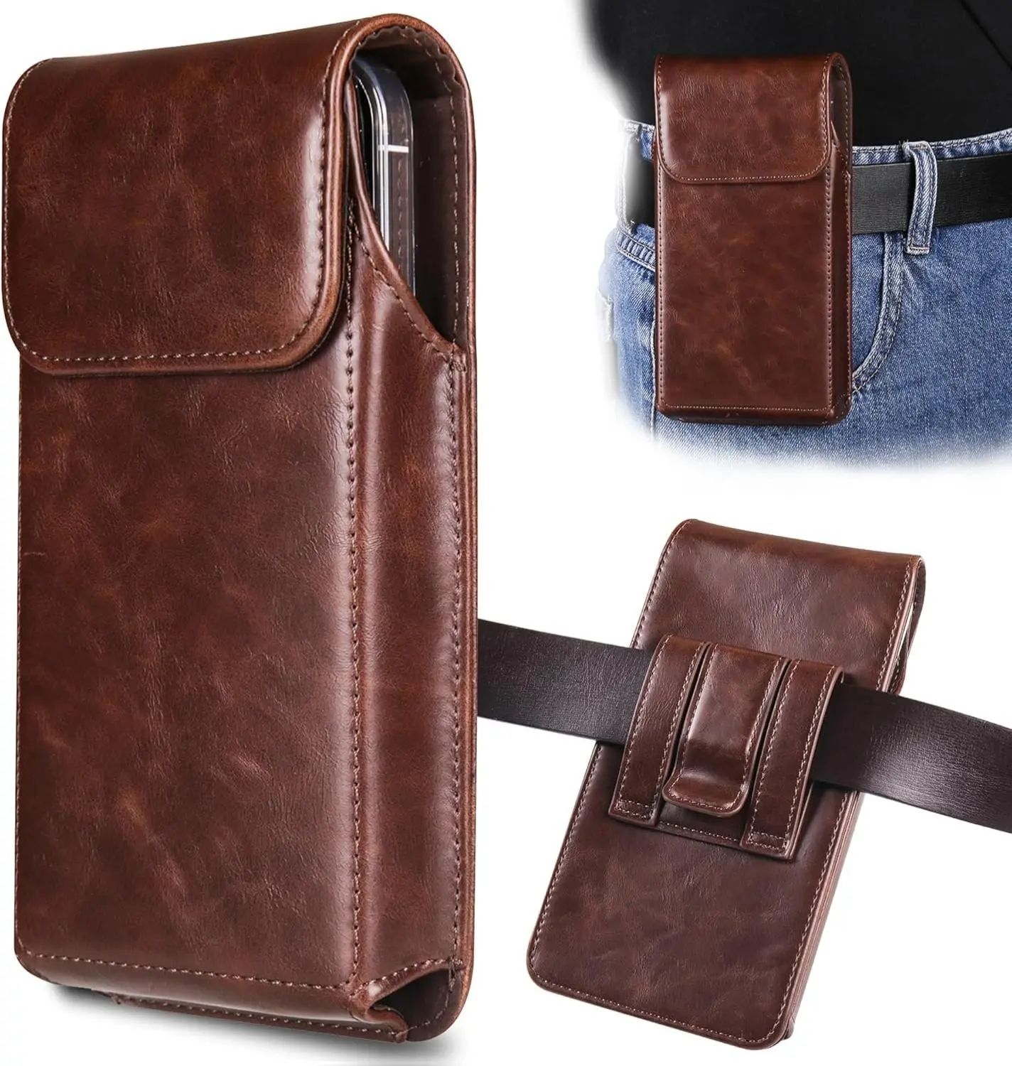 Holster for iPhone 17 Pro Max 16 Pro Max 15 Pro Max 14 Pro Max 13 Pro Max 16 Plus 15 Plus 14 Plus, Premium Leather Pouch with Belt Clip Phone Holster Belt Case, Coffee -L