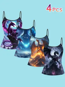 Fantasy Starry Dragon Print Strapless Top, Lightning Volcano Flame Thin Shoulder Top, Dark Castle Dragon Sleeveless T-Shirt for Women, Summer Outerwear, Casual, Camisole Shirts