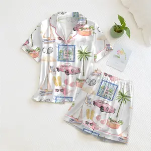 Pink Vintage Car Pajama Set, Summer Beach Vacation PJs, Cute Cocktail Palm Tree Print, Women Short,Long Sleeve Lounge Set Gift