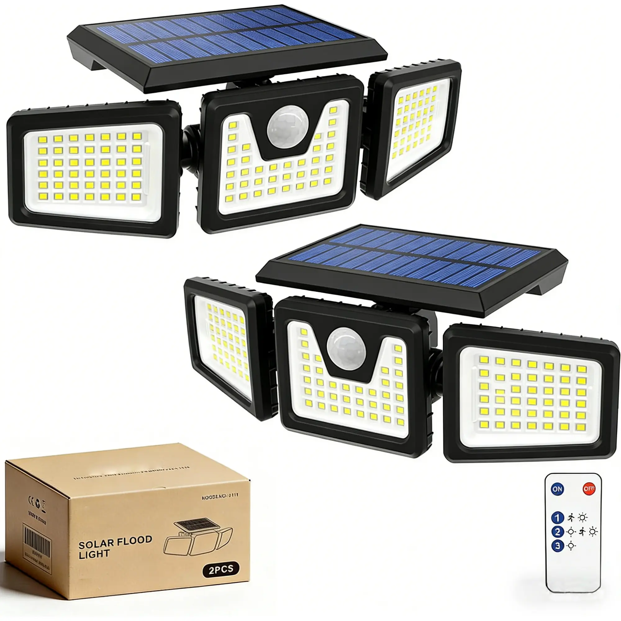 Solar Security Wall Lights, 2 Pack with 3 Rotatable Heads, IP65 Weatherproof Outdoor Illumination with PIR Sensor for Garage & Backyard, Outdoor Areas, Security Light