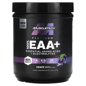 Muscletech 100% EAA+ BCAA Workout Hydration Supplement Powder Grape Flavor 13.65 Oz