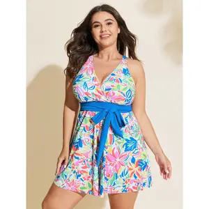 BLOOMCHIC Plus Size Playful Floral Print Contrast Tie Swim Dress [M-6X]2026 Summer Vibes