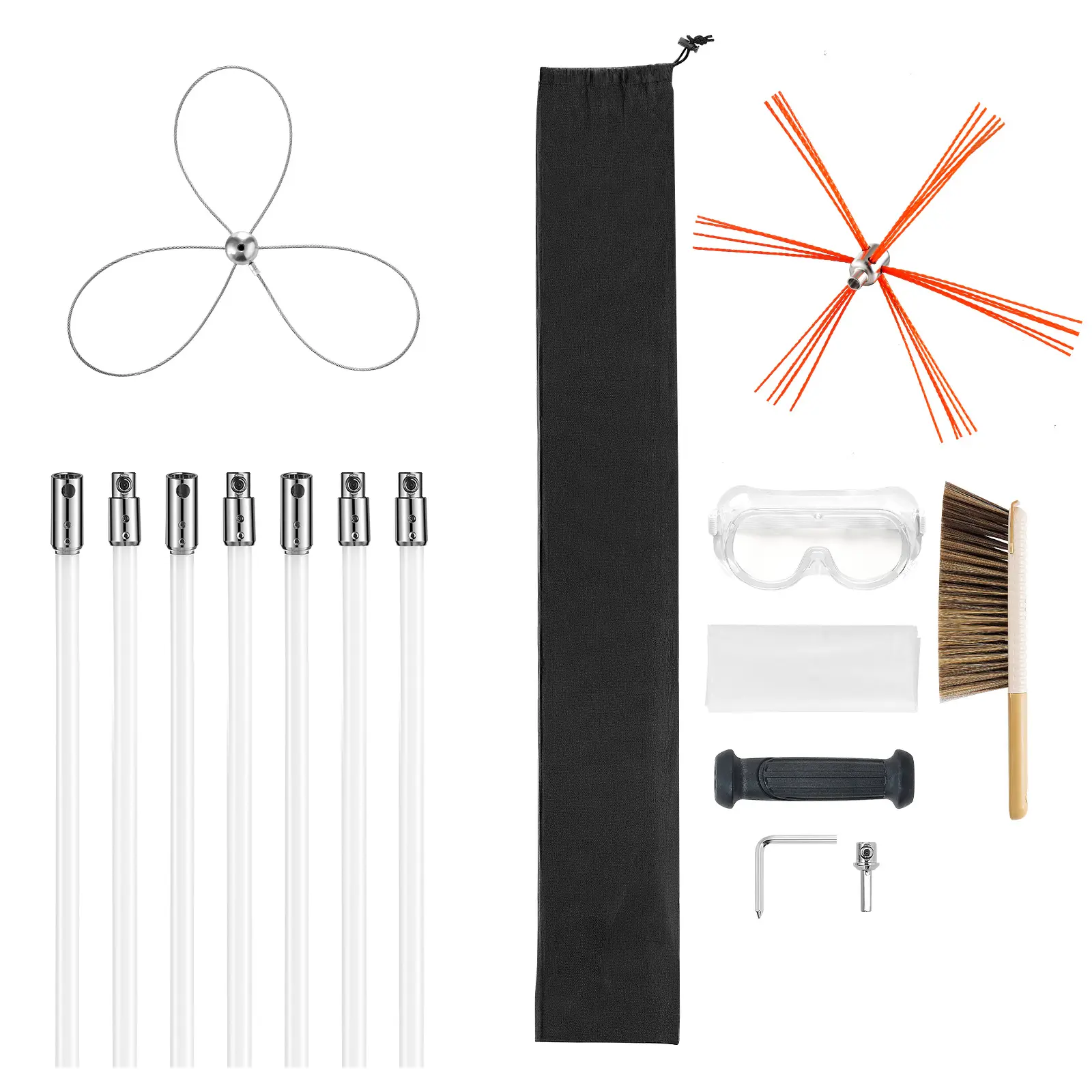 Chimney Sweep Kit, 23 ft Maximum Extendable Length Chimney Brush, Chimney Cleaner Sweeper with Dual Brush Heads, Brush & Goggles, Fireplace Cleaning Tool for Square, Rectangle, Arch Chimneys