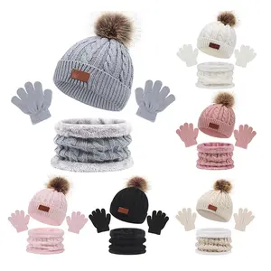 Cute Baby Hat & Scarf & Gloves Set, 4 Counts/set Solid Color Thickened Warm Knit Hat & Scarf & Gloves, Autumn and Winter Newborn Infant Suit