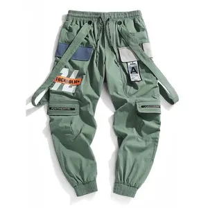 Men's Letter Print Patched Drawstring Waist Cargo Pants Casual Loose Multi-Pocket Belt Convertible Trousers for Daily Wear in All Seasons Green Menswear