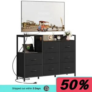 TV Stand Dresser with 8 Fabric Drawers & Open Shelves for Up to 45 inch TVs Wooden Top Entertainment Center with Charging Station Black Media Control Console Table