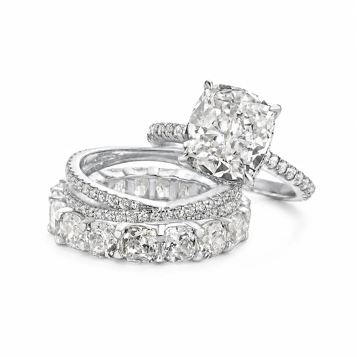 PYREIA 10mm Cushion Ring Set - 3PC Stackable Band Stack - 5A Cubic Zirconia Everyday Statement Ring, Promise Ring for Daily,Travel,Proposal,Wedding, Birthday,Anniversary