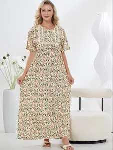 Women's Floral Print Lace Trim Loungewear Dress, Casual Short Sleeve Nightdress, Soft Comfortable Nightgown for Women, Homewear, Floral Lace Sleepwear