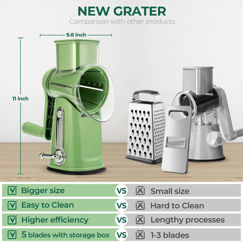 SUSTEAS Rotating Food Grater Chopper with Handle, with 5 Well-Designed Blades and Strong Suction Cup Base, Comes with 1 Blade Storage Box Vegetable Cutting Slicer Vegetable Slicer Dicer Kitchen Utensils Vegetable Fruit Cutter