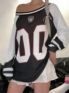 Women's Shoulder Cut-Out Mesh Rugby Jersey Top, Printed '00' Number, Y2K Fashion Casual Street Style, Ideal for College Sports & Outdoor Leisure