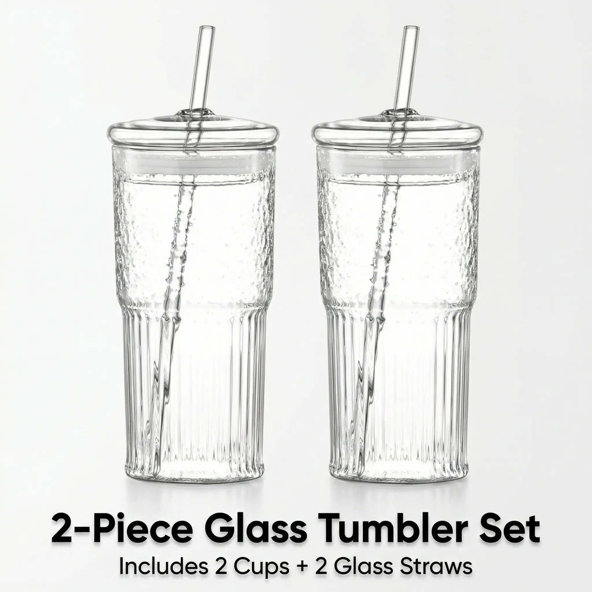 20oz Glass Tumbler Set with Glass Lid & Straw, 2-Piece Ribbed Glass Cups for Iced Coffee, Aesthetic Glass Cups for Matcha, Smoothie & Juice