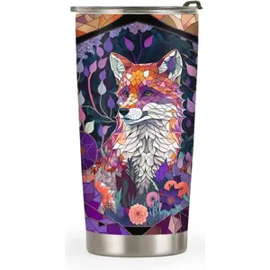 20oz Purpurite Mosaic Purple Crystal Fox Tumbler Cup, Insulated Travel Cup with Lid, Fox Gifts for Fox Lovers, Fox Gifts for Women, Coffee Thermos for Women, Inspirational Gifts for Her