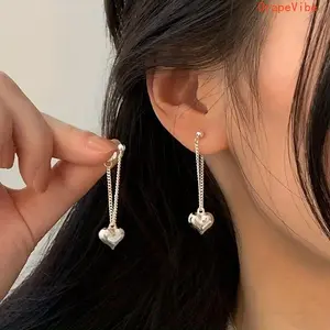 Women's 2-Pcs Silvery Alloy Dangle Earrings, Heart Shaped Heart Chain Design Fashion Jewelry for Party, Daily Outings (Gaming & Fan Shop Accessory), Heart Shaped Earrings