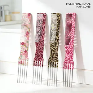 Colorful Anti-Static Pin Tail Comb, 4 Patterns Available | Professional Hair Styling & Home Use, Durable & Fashionable | Leopard Print & Floral Designs, Durable Hairdressing Comb