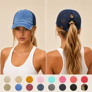 C.C Spring Ponytail Baseball Cap for Women – Distressed Denim, Adjustable Criss-Cross Back, Sun Protection, Perfect for Mother's Day Gift