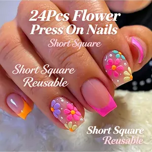 24pcs Press on Nails, Colorful Flower French Tip, Short Square Acrylic, Cute Floral False Nails, Reusable Glue on Nails for Women