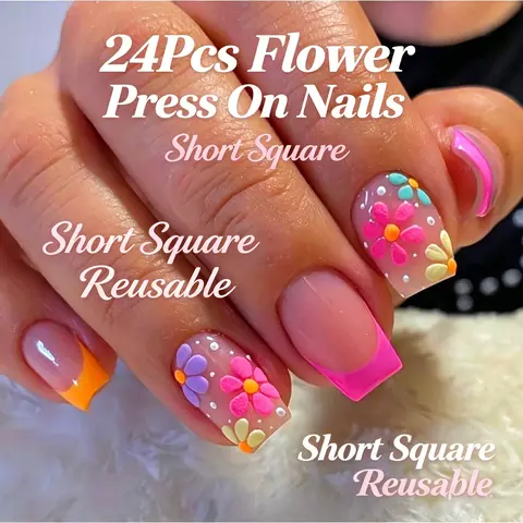 Short Square Colorful French Tip Press-On Nails, Cute Summer Floral Fake Acrylic Nails, Salon Quality Reusable Glue-On Nails Kit, French Nail Art, Nail Art Products